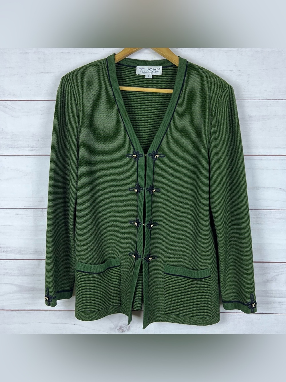 St. John Collection Military Style Hook & Eye Knit Jacket Dark Green Size 8